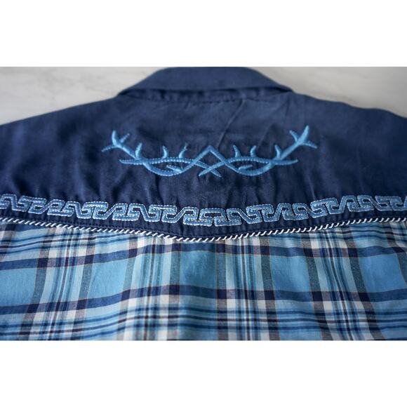 El General Men Embroidered Plaid Western Pearl Snap Button Shirt M Cowboy Rodeo - Picture 13 of 16